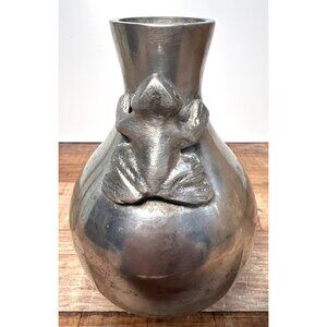 Handmade Metal Vase With Climbing Frog 3D Design Rustic Silver Finish